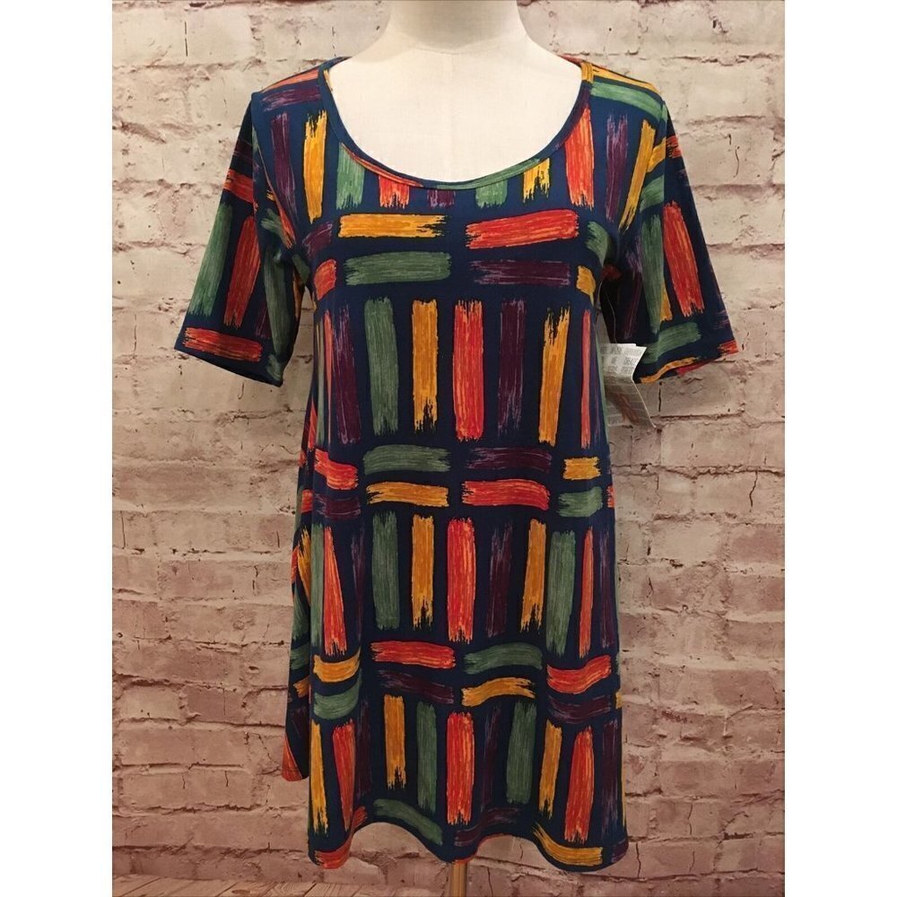 LuLaRoe Womens XS Perfect T Shirt Top Teal Blue Brush Strokes Short Sleeve NEW